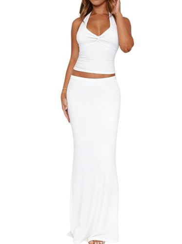 Skirt Sets Women 2 Piece Outfits Sexy Two Pc Set Twist Front Halter Crop Tops and Maxi Long Skirts White S | Amazon (US)