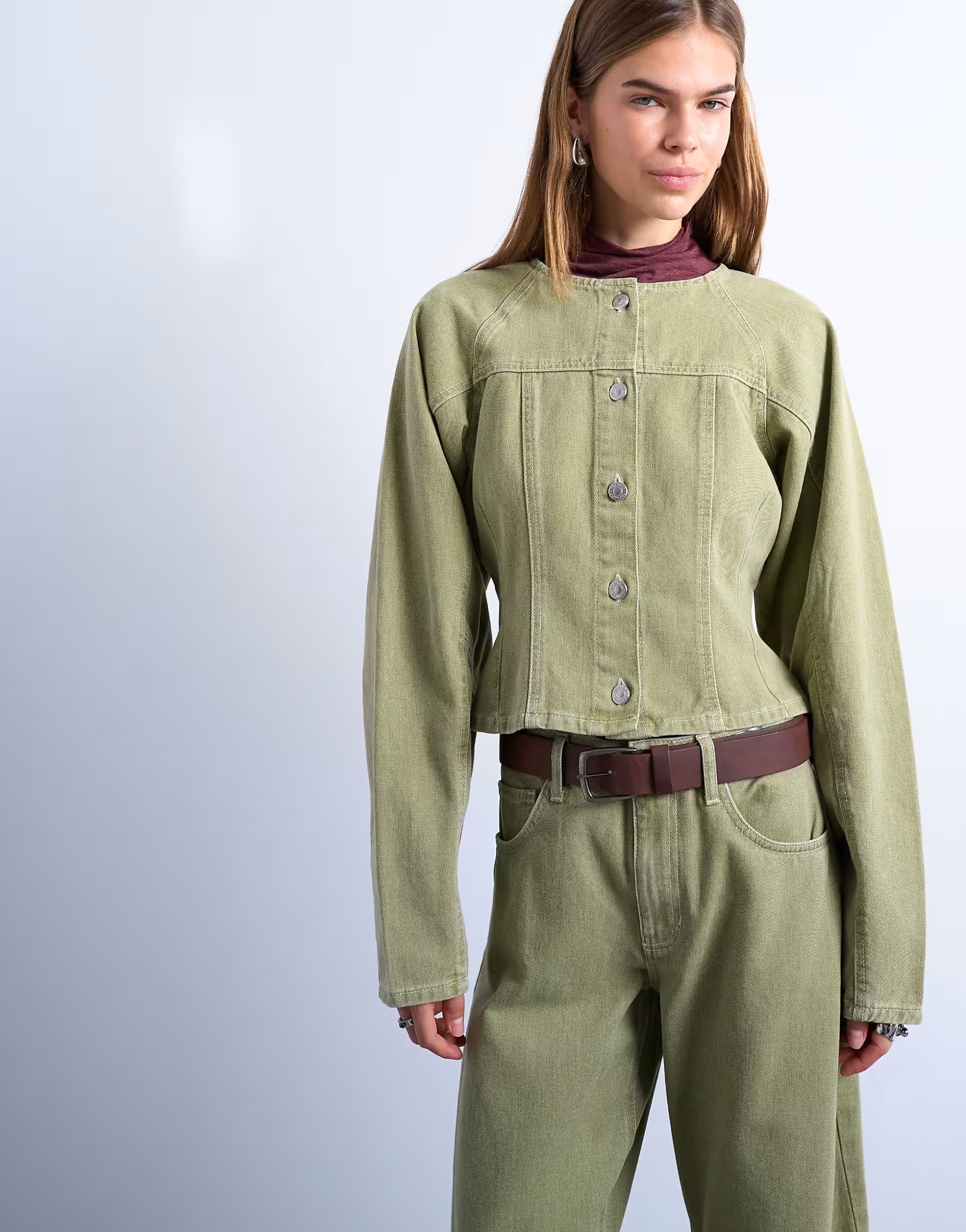 Topshop denim cinch shirt with ovoid sleeves in avocado | ASOS (Global)