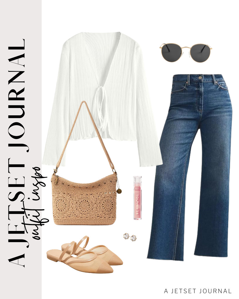 For a relaxed morning look, consider a white deep-V neck tie-front top paired with wide-leg pants. Complete the outfit with pointed-toe mules and a crossbody purse from The Sak. Accessorize with stud earrings and finish the look with Tower 28 lip gloss jelly. 

 #LTKSeasonal #LTKSaleAlert #LTKTravel