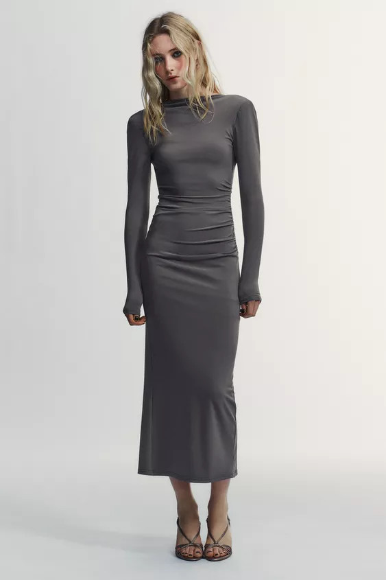 MIDI DRESS WITH SHOULDER PADS AND DRAPED DETAIL | Zara US
