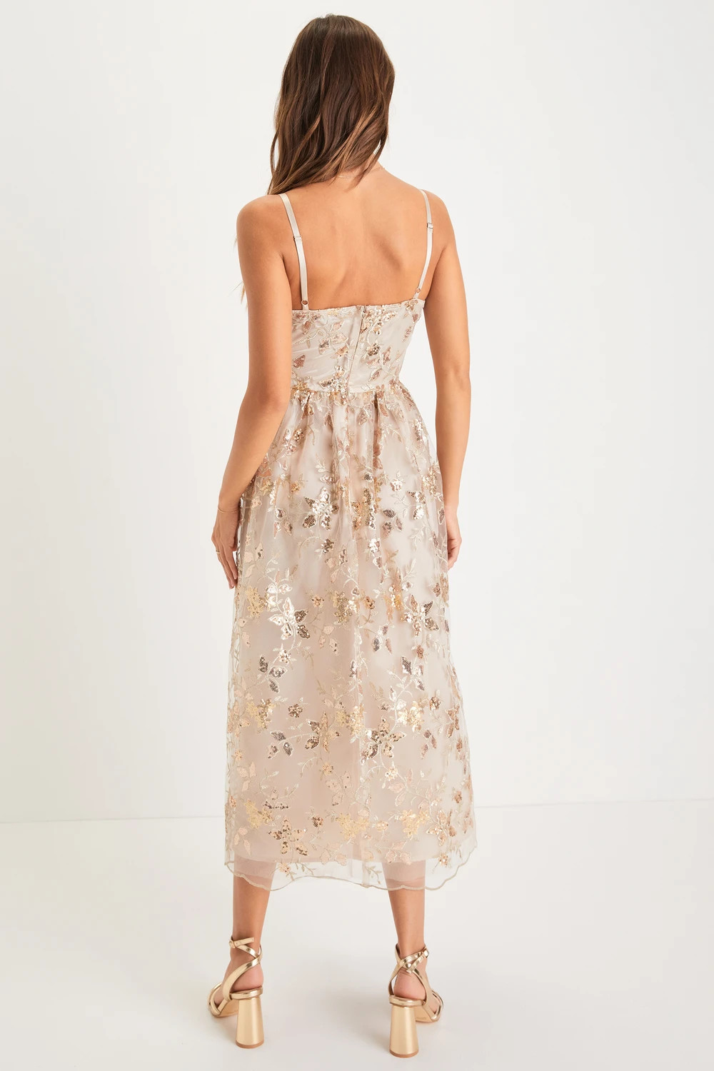 Glittery Glamour Gold Floral Embroidered Sequin Midi Dress | Lulus (US)