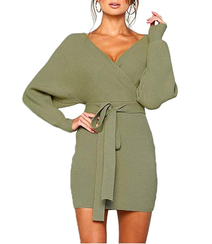 Mansy Women's Sexy Cocktail Batwing Long Sleeve Backless Mock Wrap Knit Sweater Mini Dress | Amazon (US)