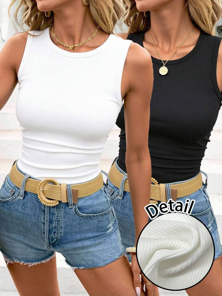 SHEIN LUNE 2pcs Women's Round Neck Tight Ribbed High Elasticity Waist Ruched Camisole, Suitable F... | SHEIN