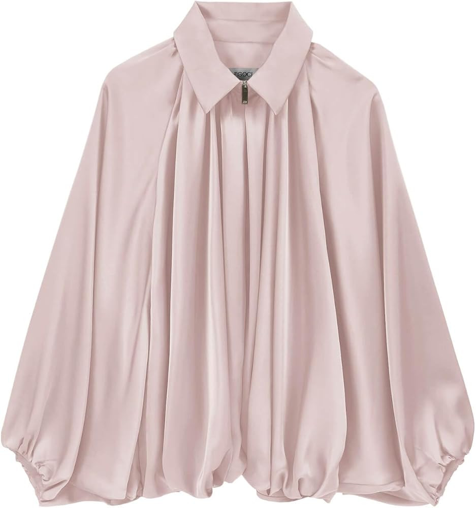 Womens Satin Puffed Bomber Jacket Oversized Batwing Sleeve Lapel Collar Pleated Zip Up Outerwear ... | Amazon (US)