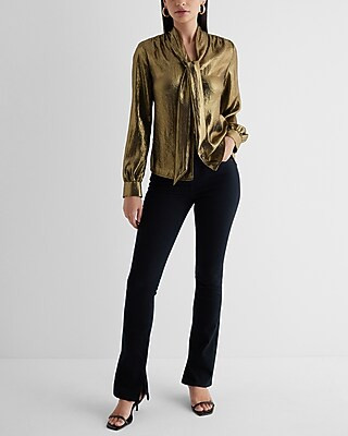 Relaxed Metallic Tie Neck Portofino Shirt | Express