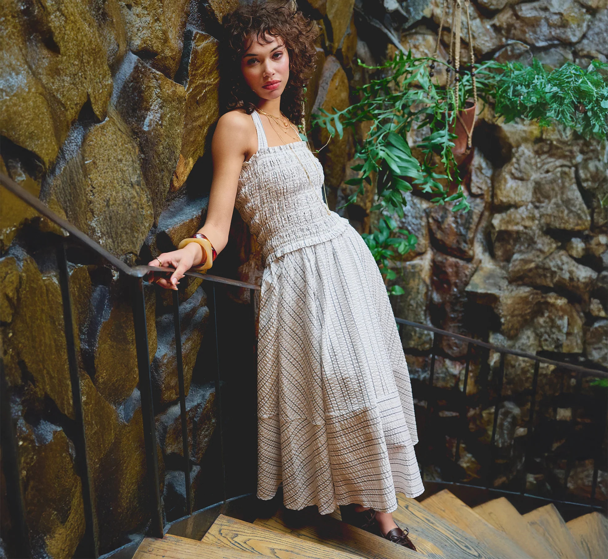 Smocked Seersucker Halter Midi Dress In Ivory Multi | Adrianna Papell