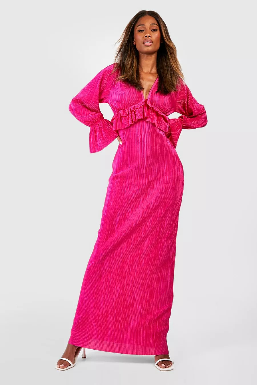 Plisse Long Sleeve Ruffle Detail Maxi Dress | Boohoo.com (US & CA)