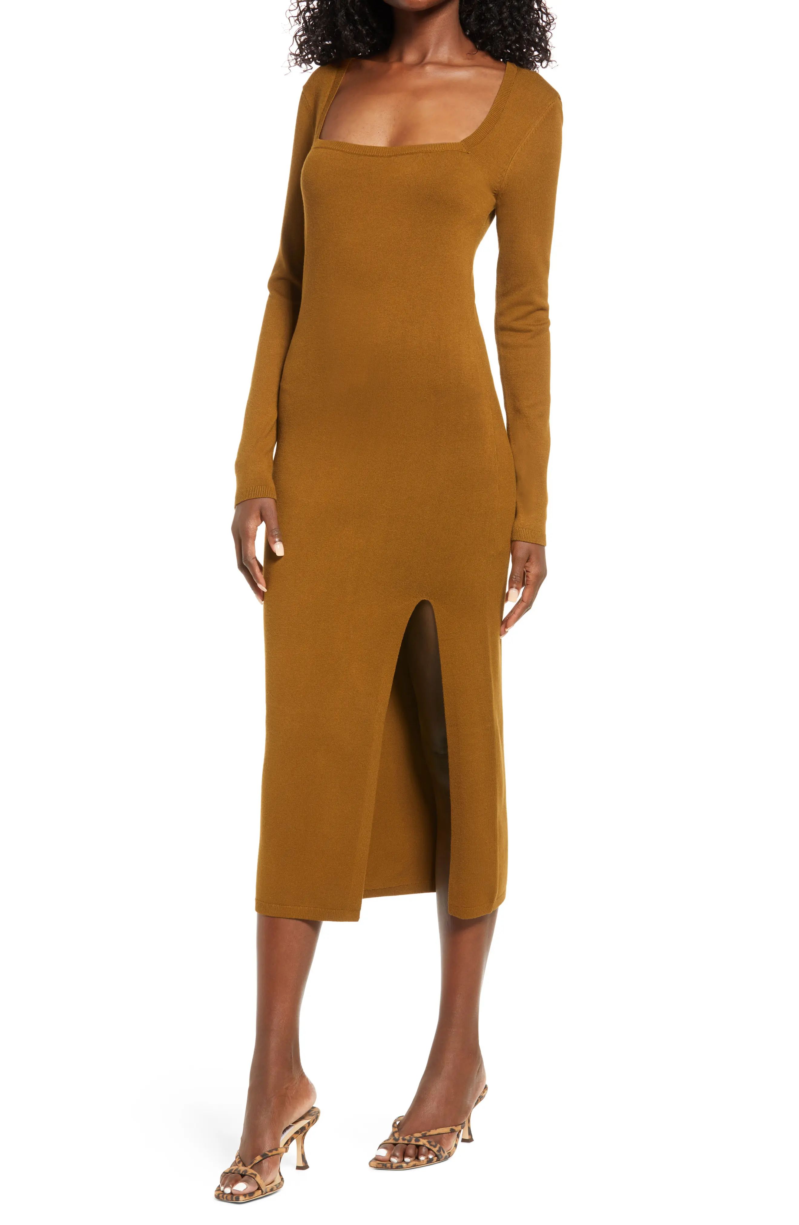 Open Edit High Slit Midi Sweater Dress, Size Small in Brown Temple at Nordstrom | Nordstrom