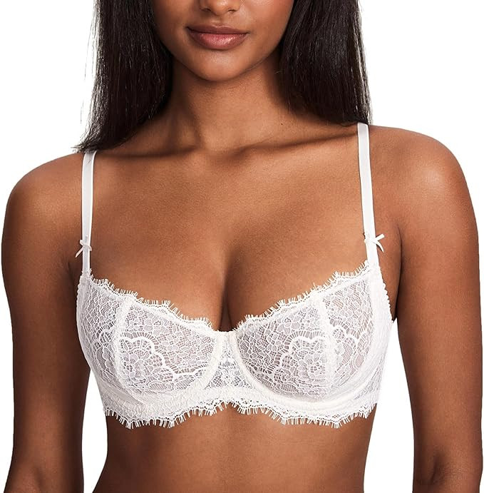DOBREVA Women's Balconette Sexy Unlined Bra Lace Push Up Plus Size Bras See Through Underwire | Amazon (US)