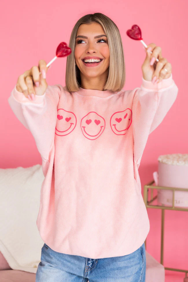 Heart Eyes Smiley Pink Corded Graphic Sweatshirt | Pink Lily