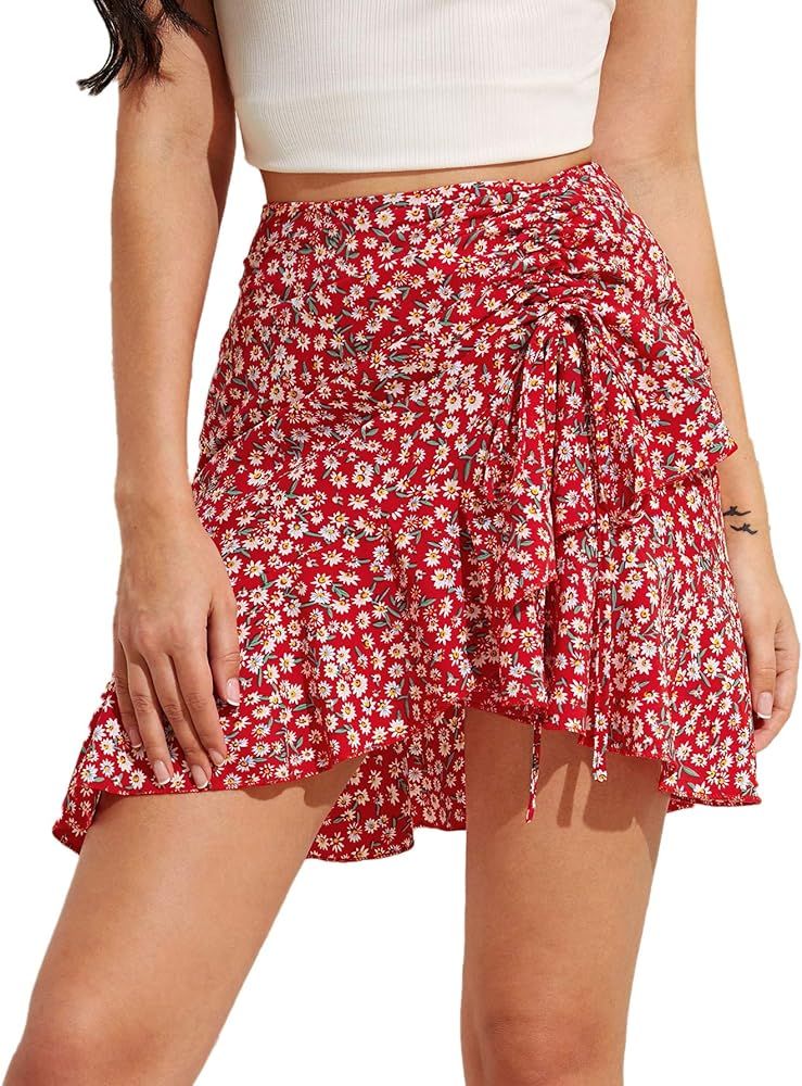 SheIn Women's Floral Ruffle Hem Skirt High Waist Drawstring Asymmetrical Mini Short Skirt | Amazon (US)