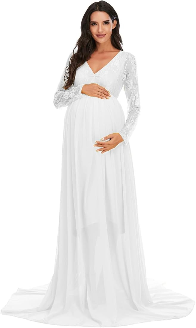 ZIUMUDY Maternity V Neck Chiffon Photography Gown Long Sleeve Lace Stitching Maxi Dress for Baby ... | Amazon (US)