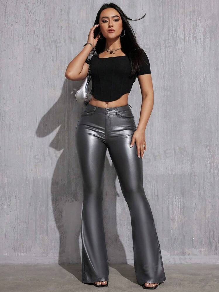 SHEIN Tall Women's Versatile All-Match Low Waist Flare Pants With Coating, Black, Spring And Autu... | SHEIN