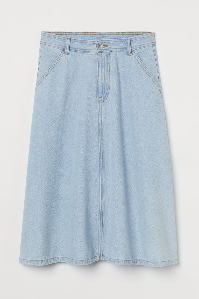 Knee-length skirt in denim with a zip fly and button, diagonal front pockets and a flare to the h... | H&M (UK, MY, IN, SG, PH, TW, HK)