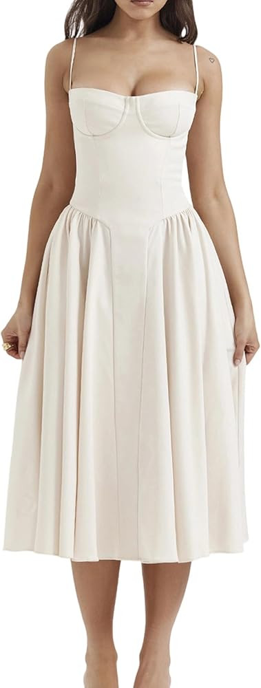 SHINFY Womens Summer Corset Midi Dress Spaghetti Strap Bustier A-Line Flowy Sundress Formal Cockt... | Amazon (US)