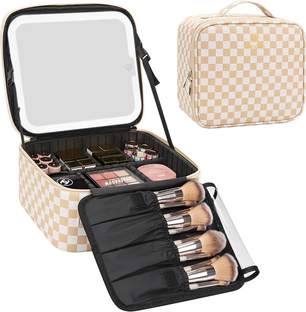 Relavel Travel Makeup Bag With LED Mirror, Cosmetic Train Case with Light up Mirror, Portable Mak... | Amazon (US)