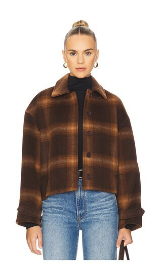 SIMKHAI Colby Plaid Jacket in Chocolate Plaid. Size S (also in L, M, XS). | Revolve Clothing (Global)