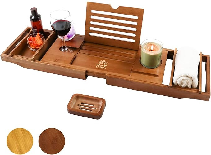 XcE Bathtub Caddy Tray Expandable to 105cm with Bamboo Book Stand and Soap Tray, Brown | Amazon (US)