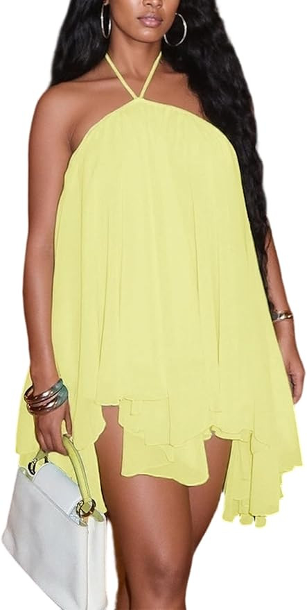 LETSVDO Women's Summer Halter Dress Tie Backless Sleeveless Off Shoulder Ruffle Hem Chiffon Flowy... | Amazon (US)
