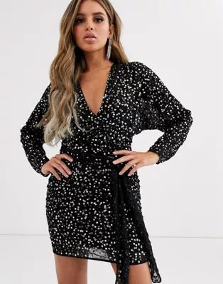 ASOS DESIGN mini dress with batwing sleeve and wrap waist in scatter sequin | ASOS (Global)