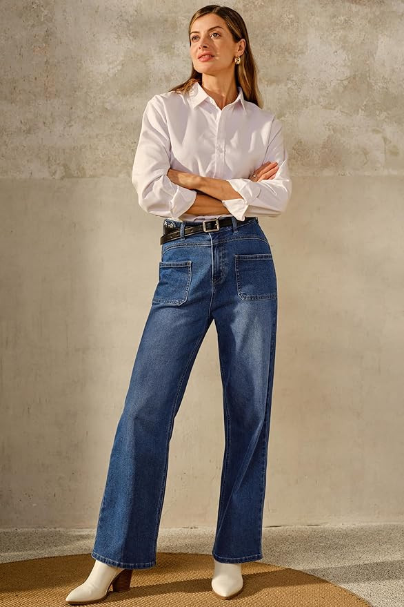 Arach&Cloz Women's Denim Adjustable Waist Buttons Mid-Rise Wide Leg Jeans 2025 | Amazon (US)