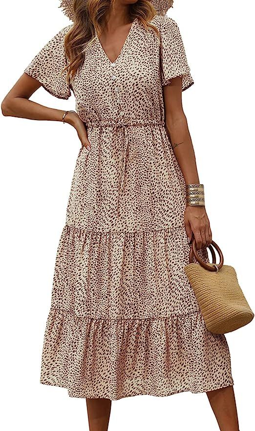 PRETTYGARDEN Women's Floral Boho Dress Casual Short Sleeve V Neck Ruffle Tiered Summer Swing Maxi... | Amazon (US)