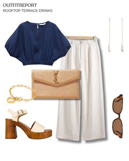 Rooftop terrace drinks outfit white trousers blue croptop heeled sandals 

#LTKbag #LTKmodest #LTKstyletip
