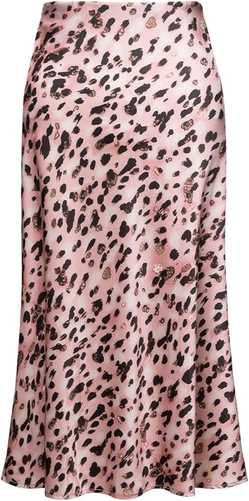 Womens Leopard Print Skirt Trendy Summer Midi Long Length Silk Satin High Waist Elastic Skirts | Amazon (US)