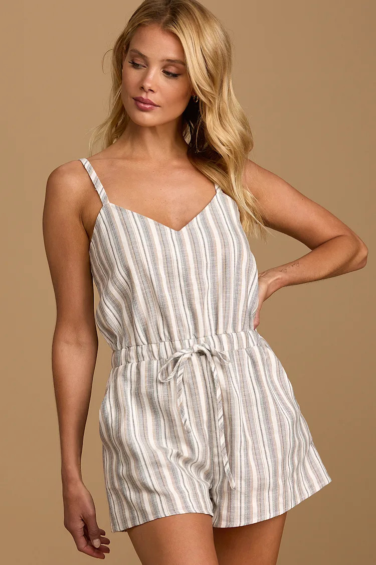 Summer's Coming White Multi Striped Drawstring Romper | Lulus (US)