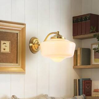 Adarna 9.8 in. 1-Light Brass Schoolhouse Wall Sconce with Frosted Glass Shade | The Home Depot