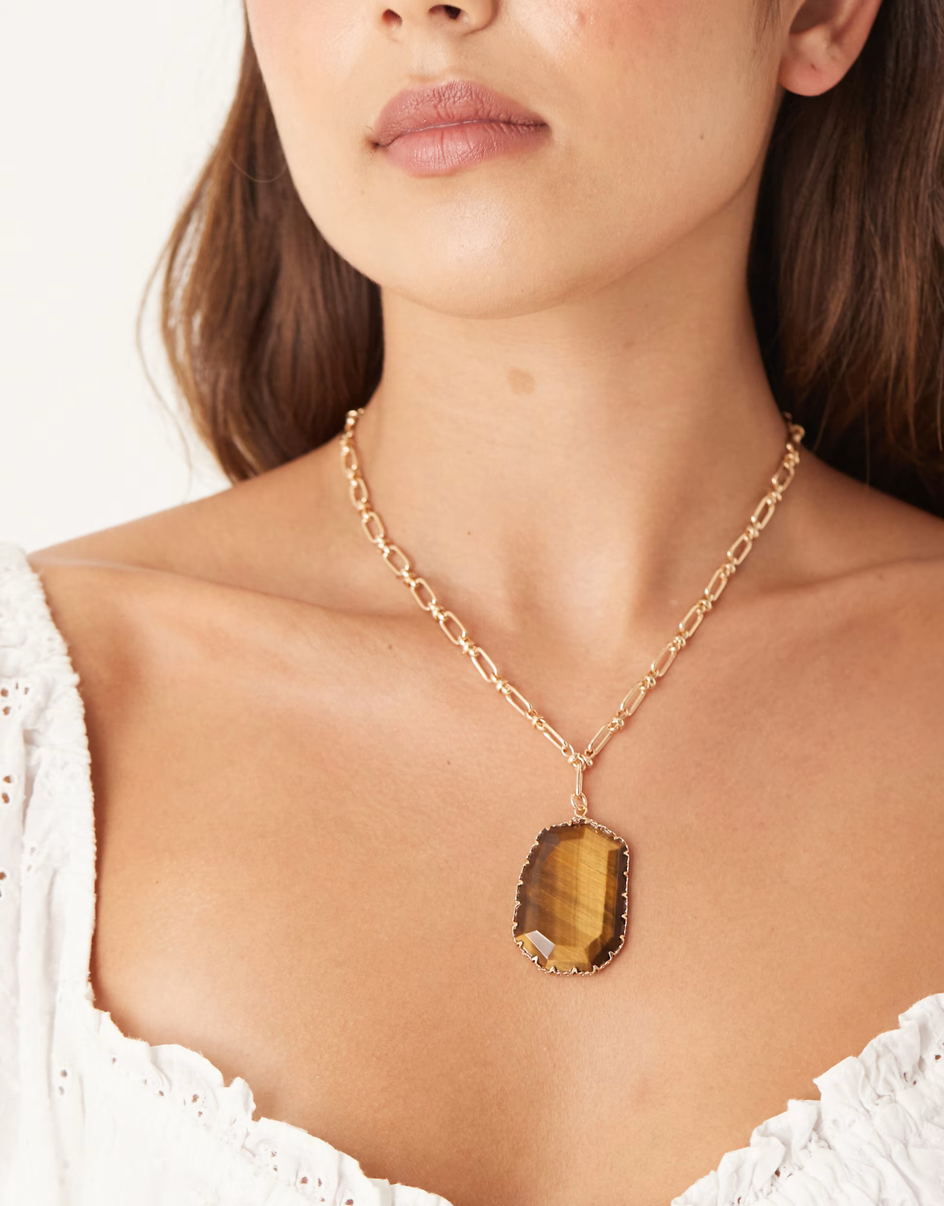 ASOS DESIGN necklace with large tigers eye pendant in gold tone | ASOS | ASOS (Global)