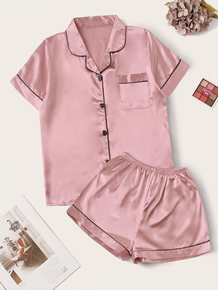 Contrast Binding Satin PJ Set | SHEIN