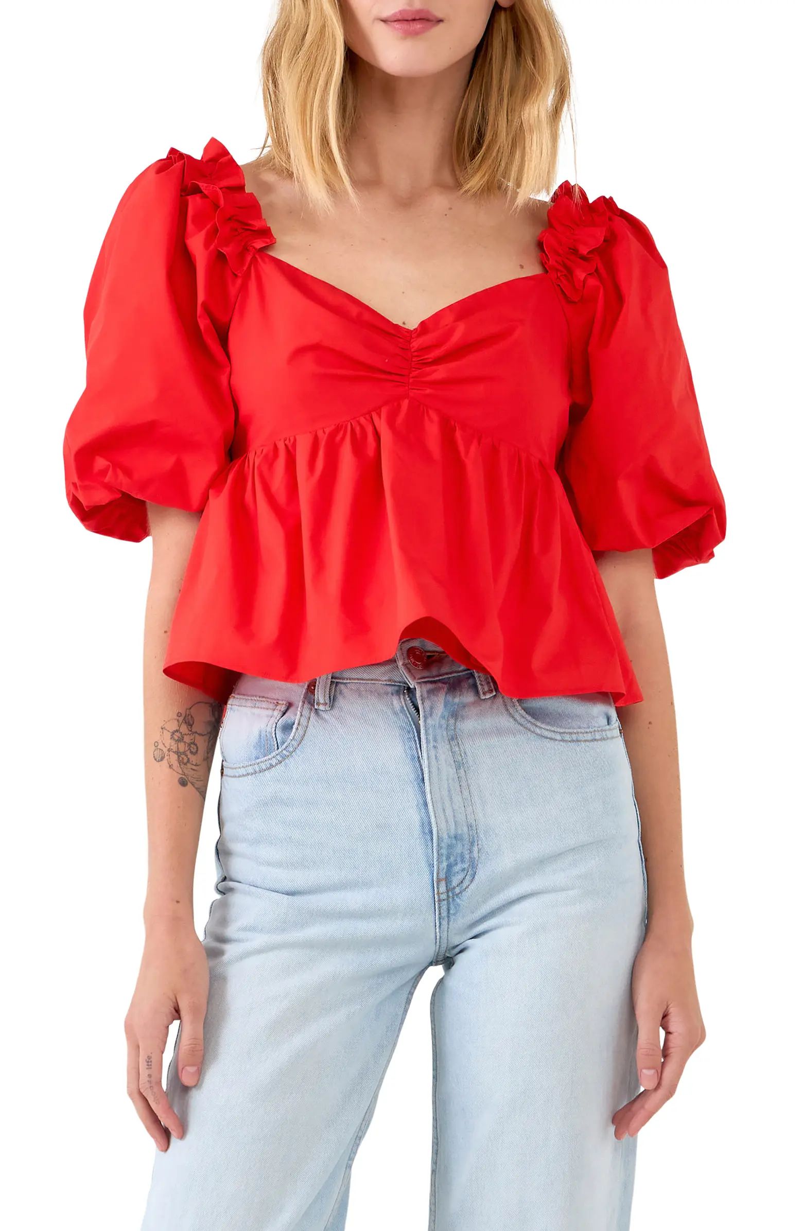 English Factory Puff Sleeve Sweetheart Cotton Top | Nordstrom | Nordstrom