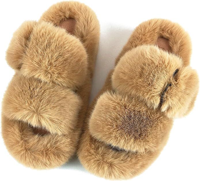 LT MOR Fuzzy House Slippers for Women with Adjustable Buckles Furry Slides Fluffy Platform Heels ... | Amazon (US)