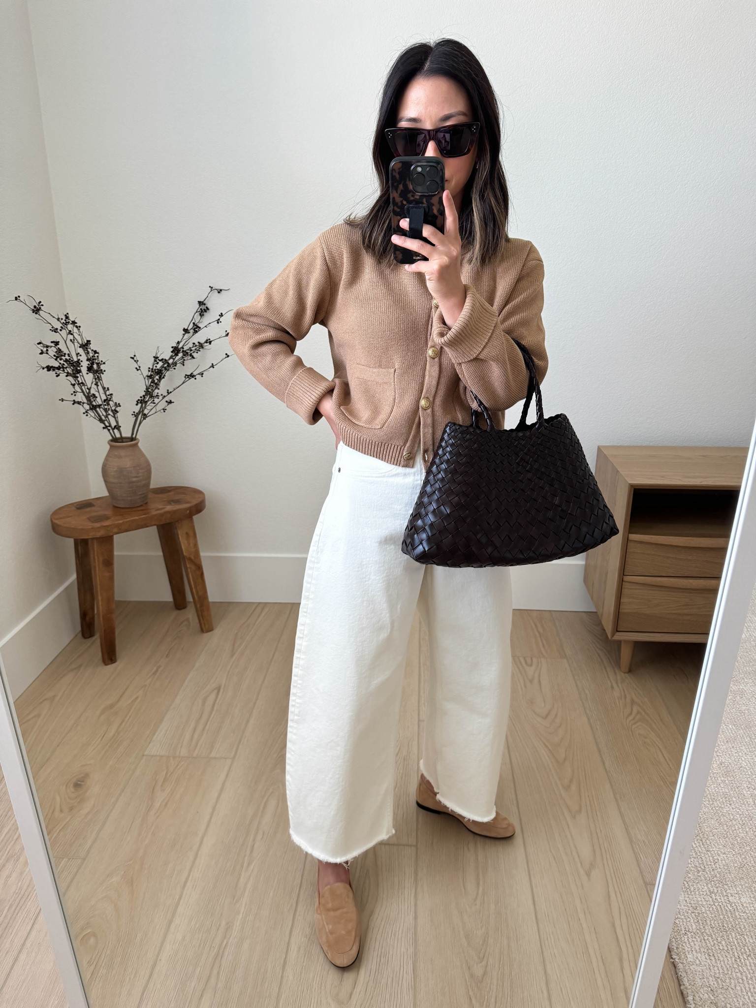 J.crew updated Emilie cardigan. More oversized in the sleeves and wider in the torso. 

J.crew Emilie cardigan xs
Everlane jeans 26. Cut hems. 
J.crew loafers 5 (old)
Dragon Diffusion small in brown. 
Celine sunglasses 