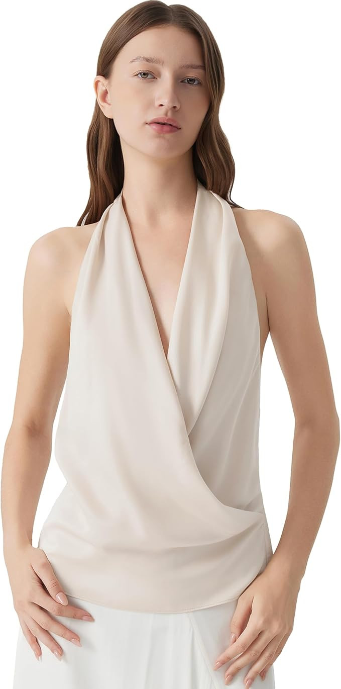 SUUKSESS Women Silk Satin Tank Tops Sexy Backless Halter Neck Top Summer Sleeveless Shirts | Amazon (US)