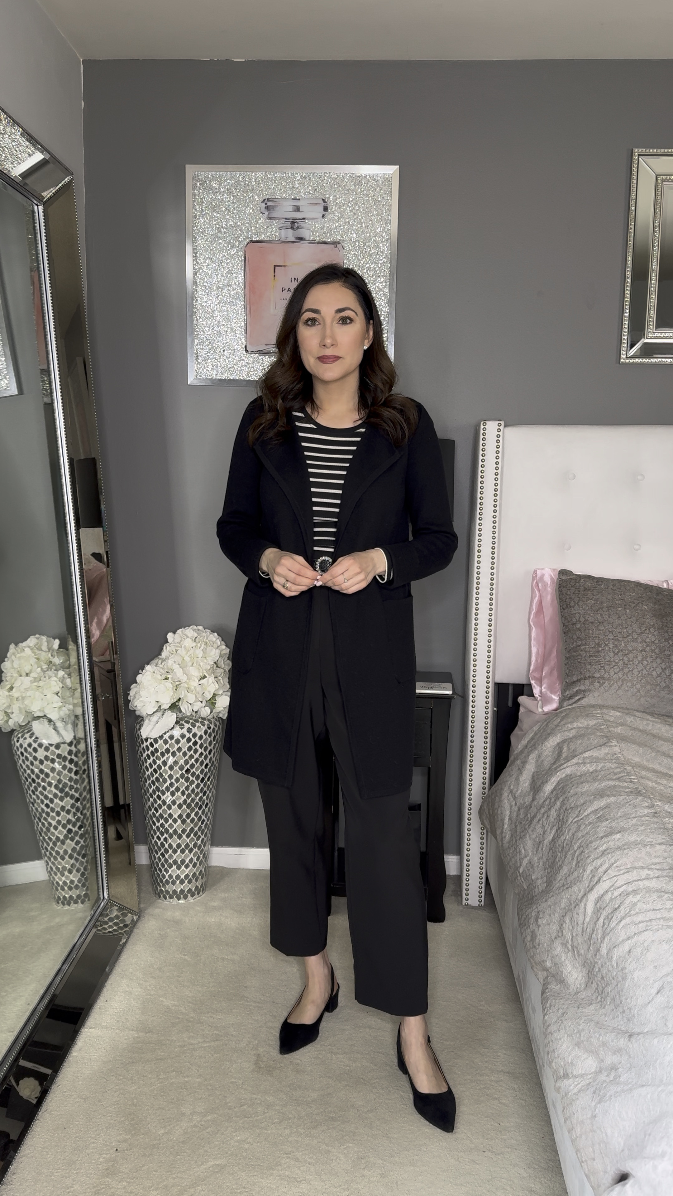 Classic work outfit I also wore to a funeral today 😢 💔 

Black long sweater blazer size xs, fits big size down
Black and white striped top size xs, sized down for fitted look
Black pants size 4, slightly big 
Black sling back heels 

Work wear 
Business casual 
Classic outfit 
Office outfit 

#LTKWorkwear #LTKStyleTip #LTKSaleAlert