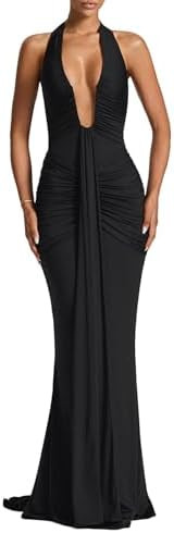 ABYOVRT Women Deep V Neck Ruched Maxi Dress Sleeveless Halter Gown Cocktail Evening Formal Dresse... | Amazon (US)