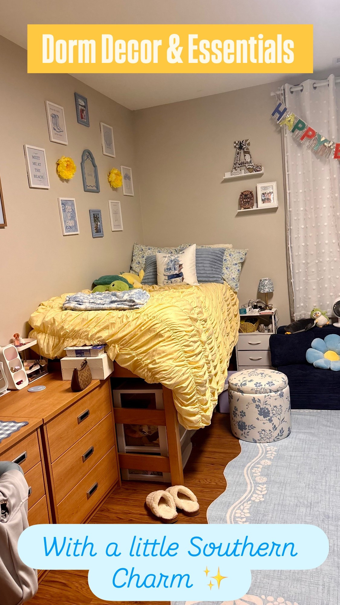 Dorm Decor & Essentials 

Move-in is officially complete! 💙💛

We wanted our daughter’s freshman dorm room to feel bright, cozy, and full of personality with just a little Southern charm.

From bedding and rugs to storage, décor, lighting, and organization, every piece was chosen to make this tiny space feel like home.

I’ve linked everything still available in this post below. Check out my Dorm Collection for more fun decor and essentials. 

✨ Save this for dorm inspiration!

Dorm room inspiration
College dorm ideas
Dorm décor
Amazon dorm finds 
Freshman dorm
Southern dorm
Blue dorm room
Dorm essentials
Dorm organization
Back to school 
College dorm 
College move-in
Dorm shopping

#DormDecor #DormRoom #CollegeDorm #FreshmanYear #DormGoals #CollegeMoveIn #DormInspo #CollegeLife #DormEssentials #DormDecorIdeas #CollegeMom #SouthernCharm #CollegeLiving #LTKCollege

#LTKHome #LTKU #LTKSaleAlert #LTKHome