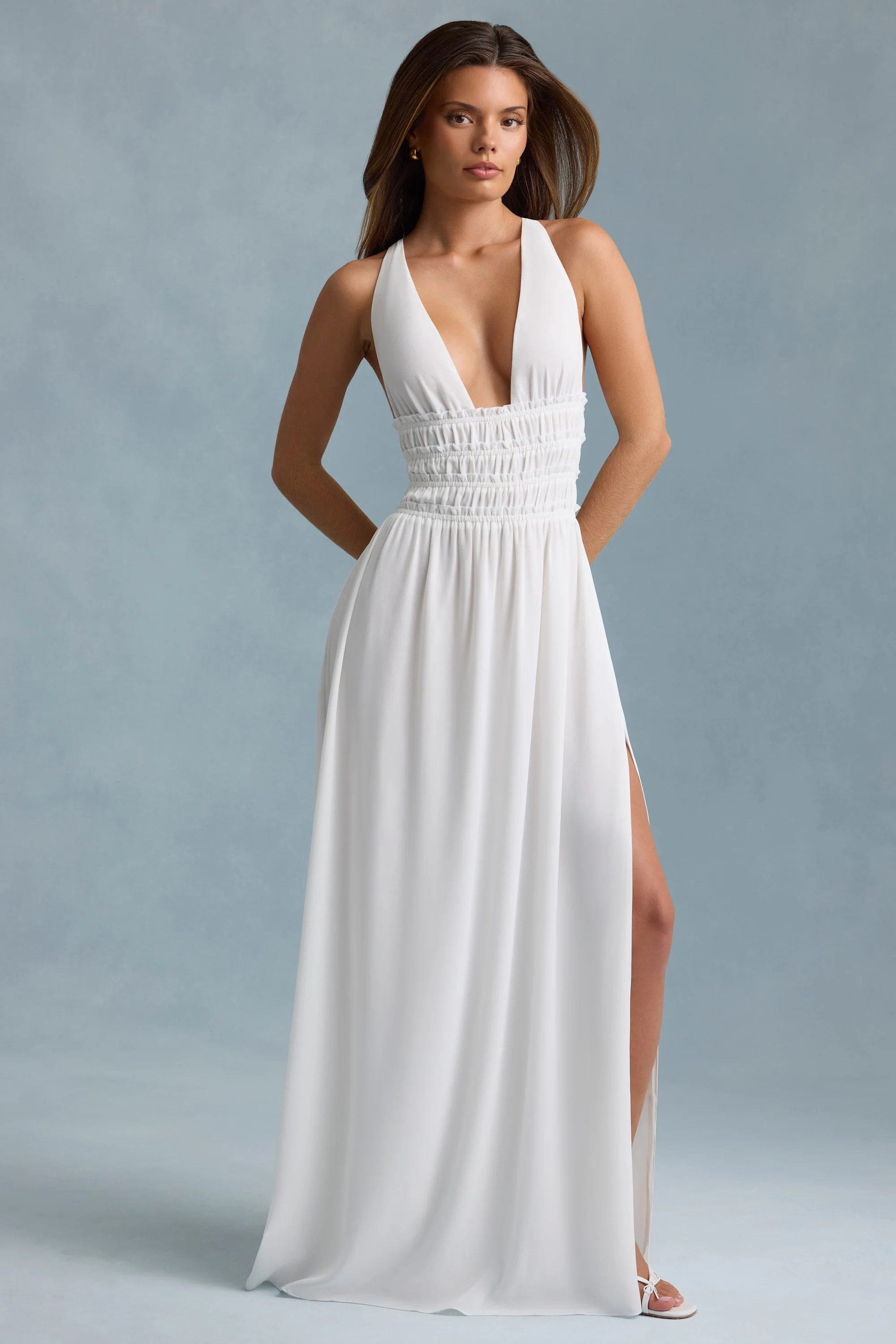 Plunge Cross-Back Maxi Dress in White | Oh Polly