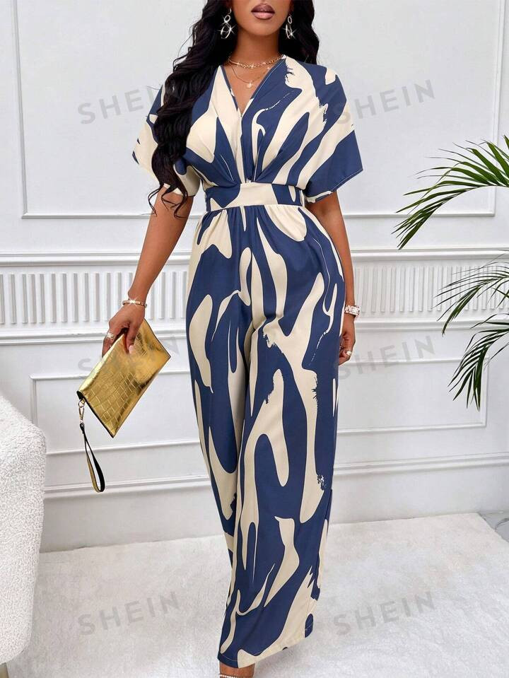 SHEIN Slayr Allover Print Batwing Sleeve Belted Jumpsuit | SHEIN USA | SHEIN