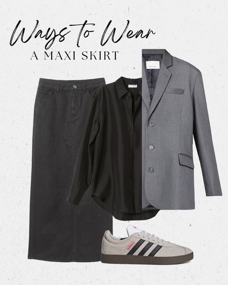 Ways to wear a maxi skirt: mix masculine and feminine elements with a satin shirt, oversize blazer and retro suede trainers #maxiskirt #waystowear #howtostyle #relaxedstyle 

#LTKFind #LTKstyletip #LTKunder50