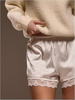 Women's Lace Trim Satin Shorts Shiny Elastic Waist Mini Shorts French Knickers | Amazon (US)