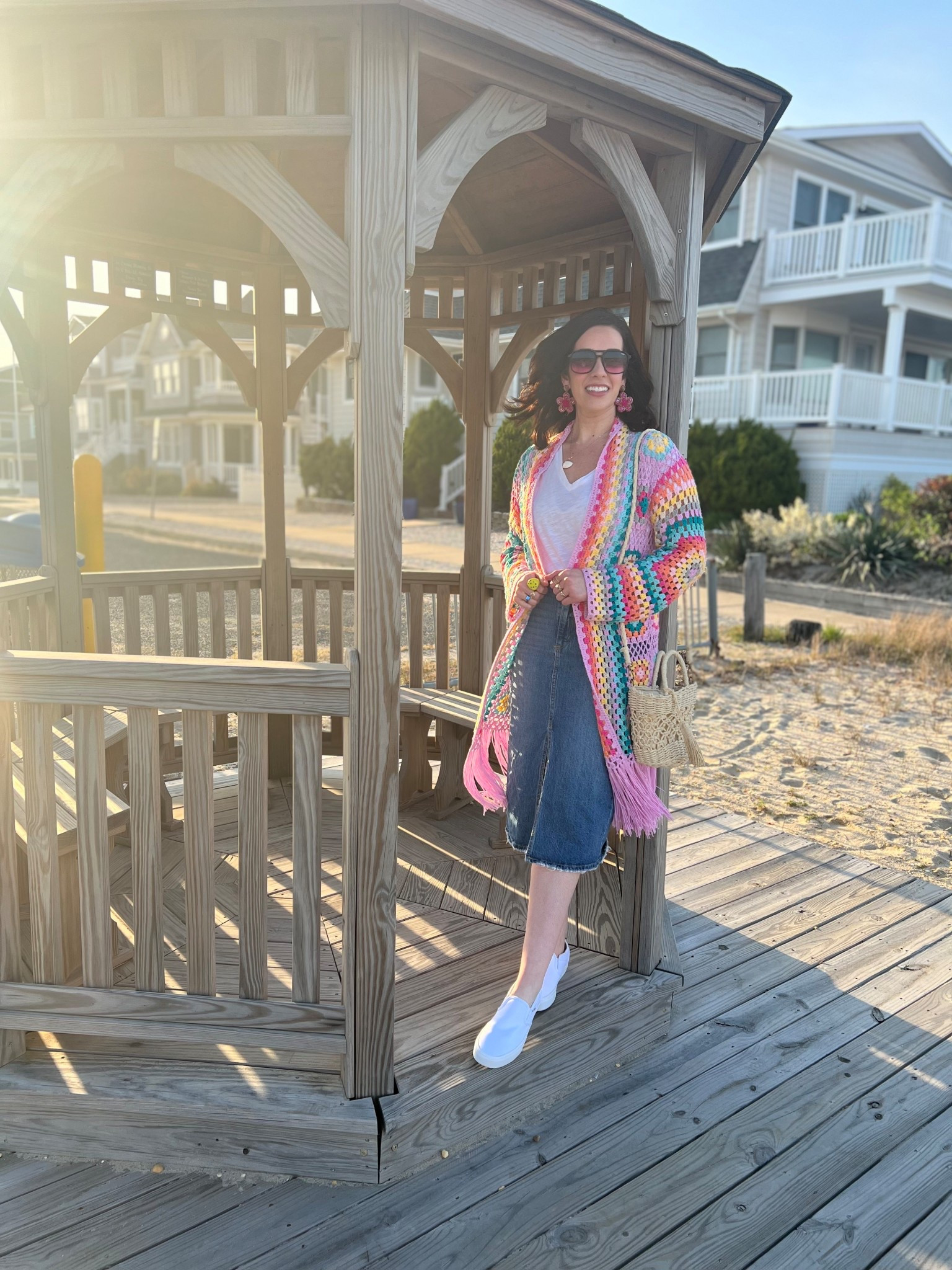 Multicolor crochet kimono (small). White vneck tshirt (small). Denim skirt (small). White slip on sneakers (8.5). #kimono #crochetkimono #colorfulkimono #tshirt #whitetshirt #vnecktshirt #denimskirt #skirt #sneakers #whitesneakers #sliponsneakers #springoutfits 
spring outfits 2026 

#LTKootd #LTKSeasonal