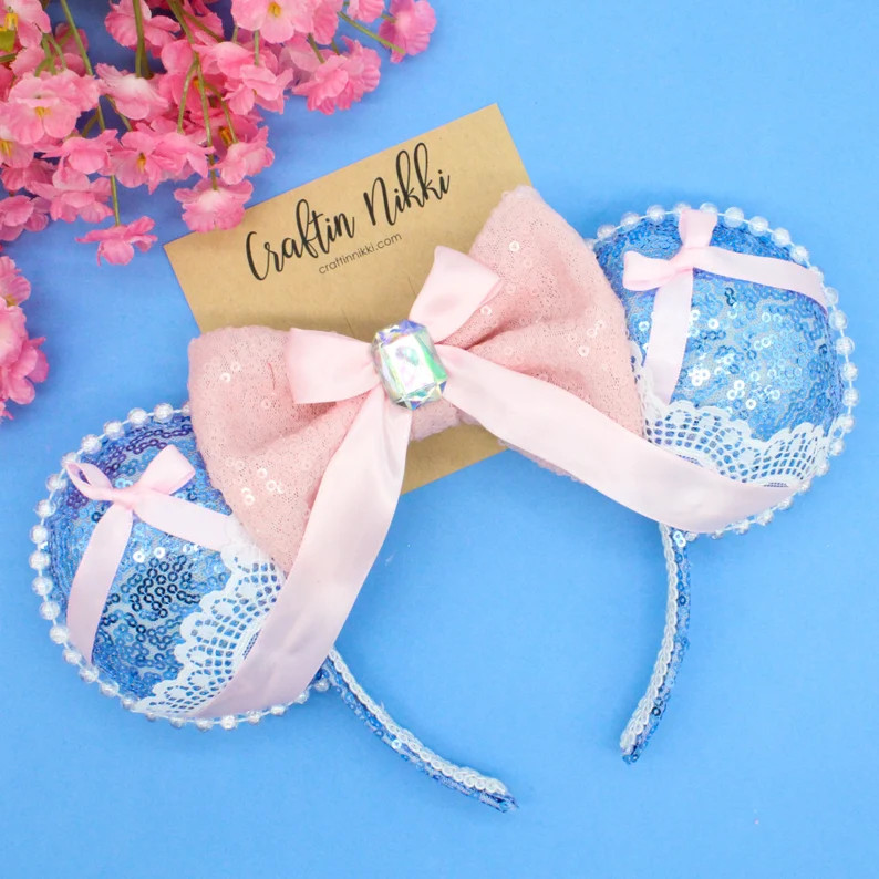 Blue and Pink Princess Mouse Ears | Ribbon and Sequin bow and headband | Fairytale Castle Story | Etsy (US)
