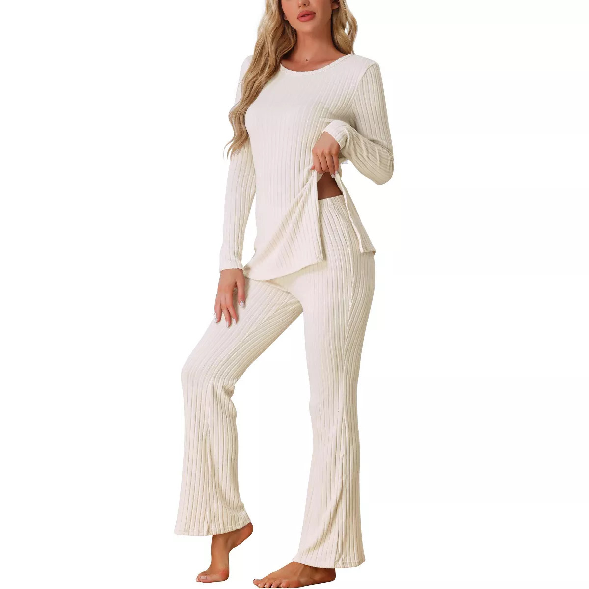 cheibear Women’s Ribbed Knit Long Sleeves Top and Pants Two Piece Pajama Sets White Medium | Target