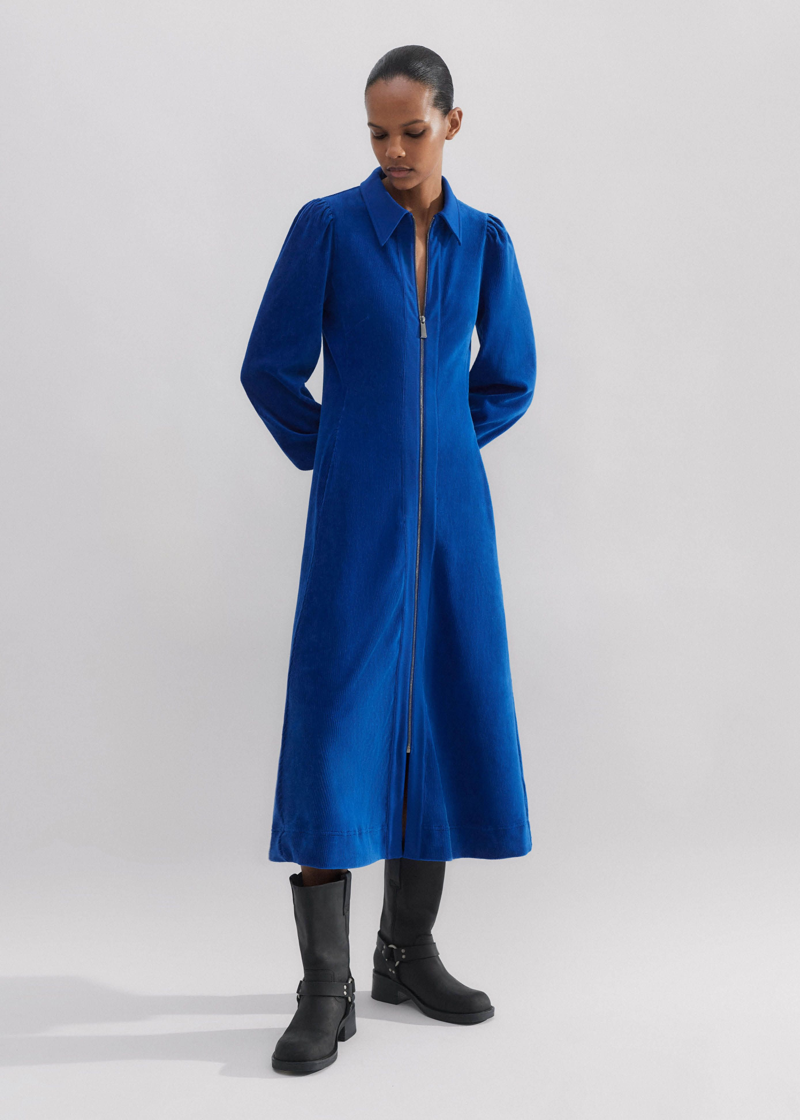 Women's Blue Cord Velour + Ponte Midi Shirt Dress | ME+EM | ME+EM Global (Excluding US)