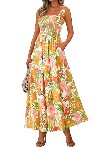 PRETTYGARDEN Womens Summer Dresses Floral Sleeveless Smocked Maxi Dress Boho Spaghetti Strap A Line Flowy Beach Long Sundress(White Yellow Flower,Medium) | Amazon (US)