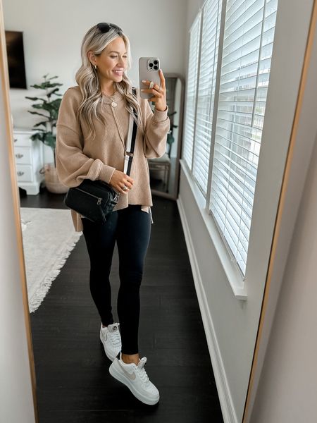 Wearing an xs in sweatshirt and xs in leggings. Both run tts. Air Force 1 sneakers run tts to small so size up if in between. //

Ootd. Casual outfit. Nike sneakers. Spring outfit. Neutral sneakers. Everyday outfit. Everyday style. Mom outfit. Mom style  

#LTKstyletip #LTKshoecrush #LTKSeasonal