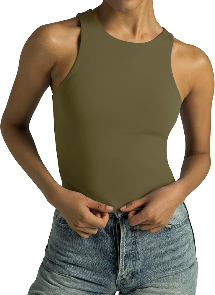 Colorfulkoala Women's High Neck Tank Tops Body Contour Sleeveless Crop Double Lined Yoga Shirts | Amazon (US)